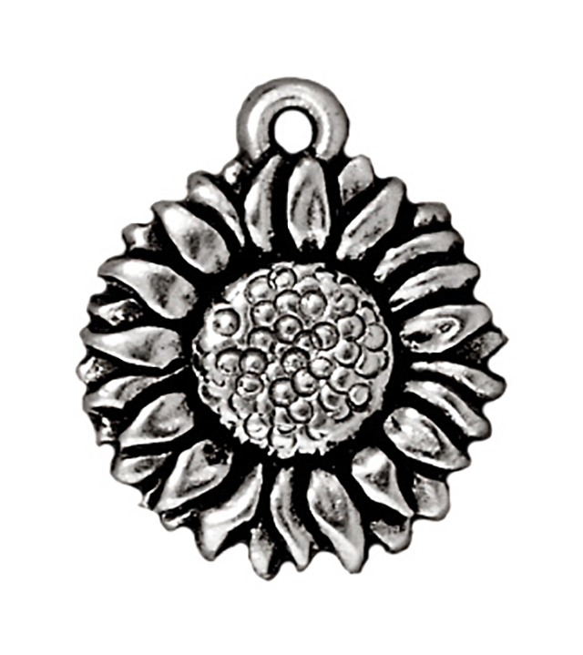 TierraCast : Drop Charm - 18 x 15mm, 1.25mm Loop, Sunflower, Antique Silver