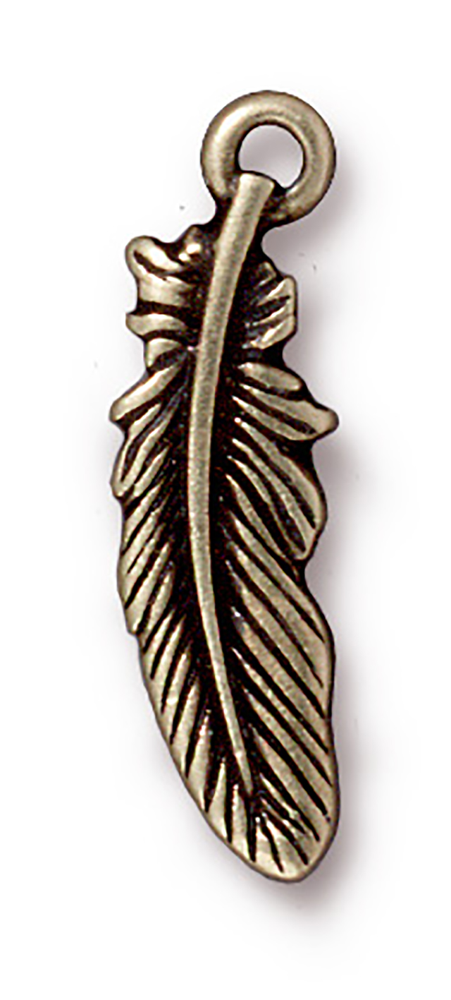 TierraCast : Drop Charm - 23 x 7mm, 1.25 Loop, Small Feather, Brass Oxide