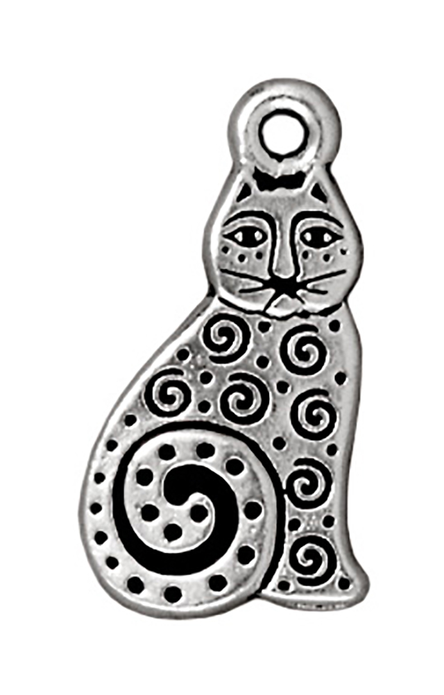 TierraCast : Drop Charm - 19 x 10.5mm, 1.25mm Loop, Spiral Cat, Antique Silver