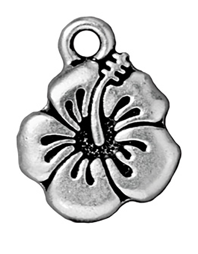 TierraCast : Drop Charm - 18 x 14mm, 2.25mm Loop, Hibiscus, Antique Silver