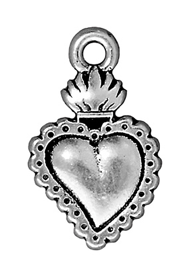 TierraCast : Drop Charm - 21.5 x 13mm, 2mm Loop, Heart Milagro, Antique Silver