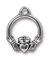 TierraCast : Drop Charm - 19 x 15mm, 1.75mm Loop, Small Claddagh, Antique Silver