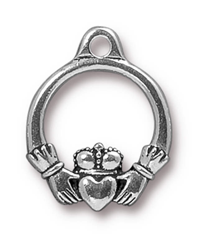 TierraCast : Drop Charm - 19 x 15mm, 1.75mm Loop, Small Claddagh, Antique Silver