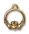 TierraCast : Drop Charm - 19 x 15mm, 1.75mm Loop, Small Claddagh, Antique Gold