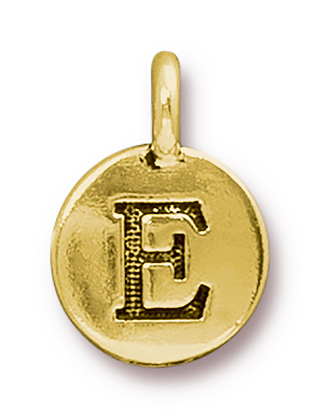 TierraCast : Charm - 17 x 12mm, 2.6mm Loop, Round Alphabet E, Antique Gold