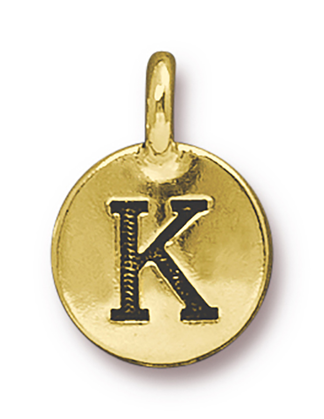 TierraCast : Charm - 17 x 12mm, 2.6mm Loop, Round Alphabet K, Antique Gold