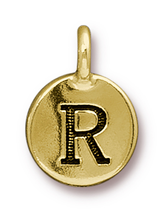 TierraCast : Charm - 17 x 12mm, 2.6mm Loop, Round Alphabet R, Antique Gold