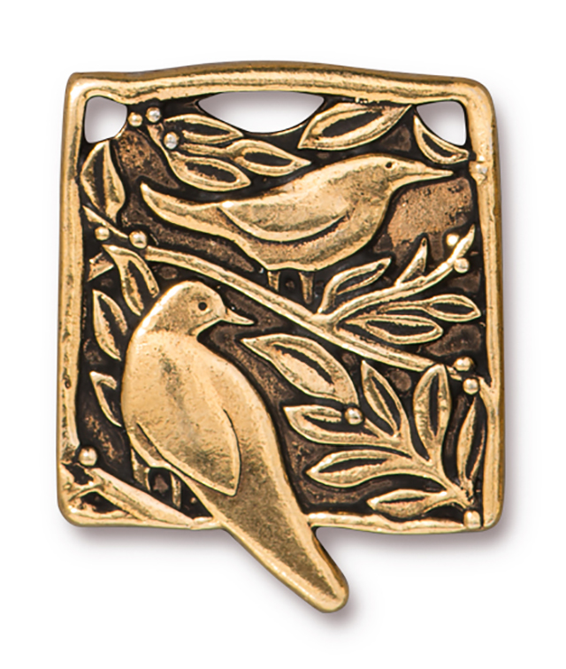 TierraCast : Pendant - 28.5 x 23.5mm, 2mm Loop, Botanical Birds, Antique Gold