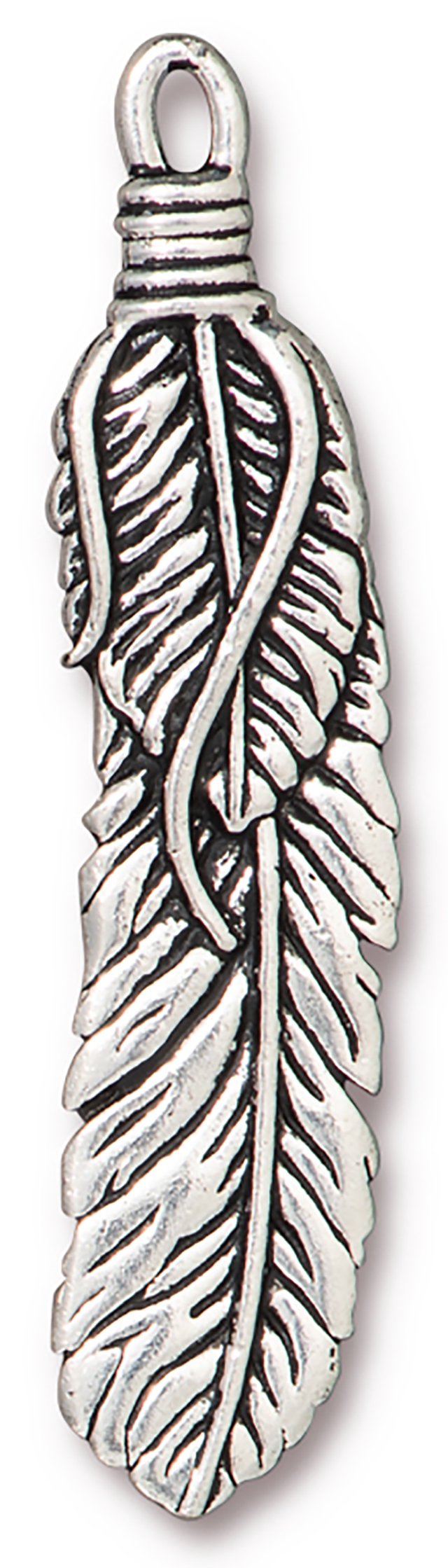 TierraCast : Pendant - 2", 2mm Loop, Feather, Antique Silver