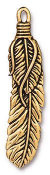TierraCast : Pendant - 2", 2mm Loop, Feather, Antique Gold