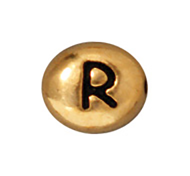 TierraCast : Bead - 7 x 6mm, 1mm Hole, Letter R, Antique Gold