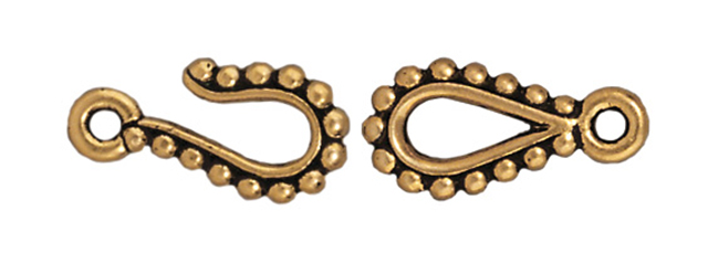 TierraCast : Clasp Set - Hook 14mm, Eye 7mm, 1.3mm Loop, Beaded Hook & Eye, Antique Gold