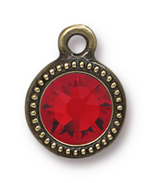 TierraCast : Drop Charm - SS34 Beaded Bezel with Light Siam Swarovski Crystal, Brass Oxide