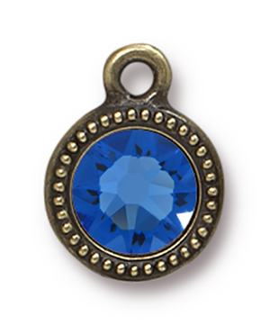 TierraCast : Drop Charm - SS34 Beaded Bezel with Sapphire Swarovski Crystal, Brass Oxide