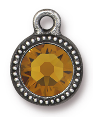 TierraCast : Drop Charm - SS34 Beaded Bezel with Topaz Swarovski Crystal, Antique Pewter