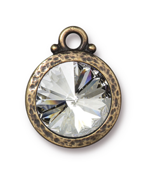 TierraCast : Drop Charm - 12 mm Hammered Round with Swarovski Crystal, Brass Oxide